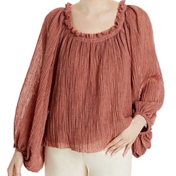 Tory Burch Linen Blend Ruffle Gauze Blouse Wood Rose Size S NWT Designer - Picture 2 of 10